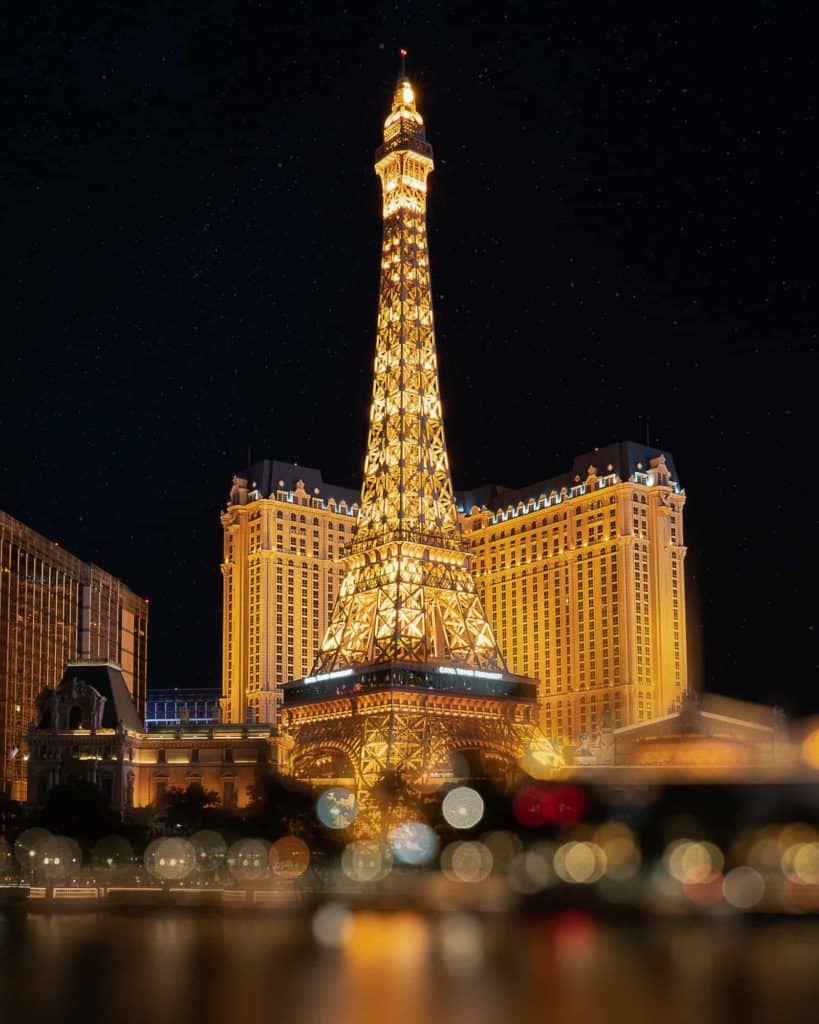 The Paris hotel in Las Vegas at night. 