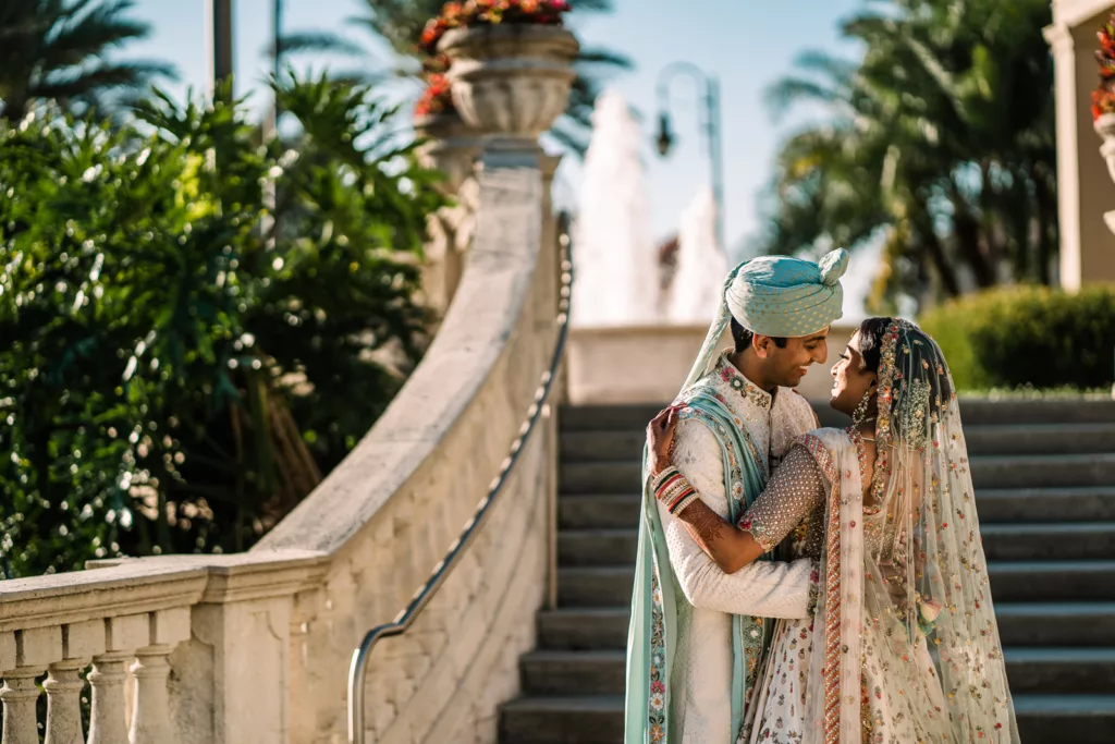 Groom looking into brides eyes at Gaylord Palms in Orlando.