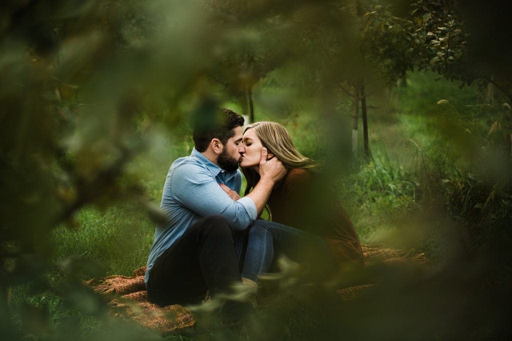 County line orchard engagement photos in northwest Indiana