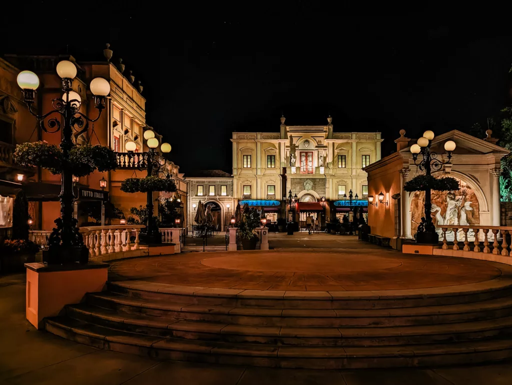 Italy Plazy at night in the Italy Pavillion in Epcot. 