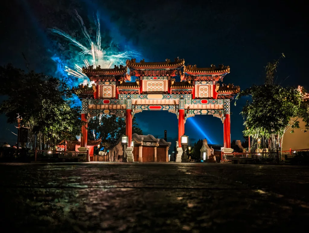 Fireworks outside of the China Pavillion in Epcot