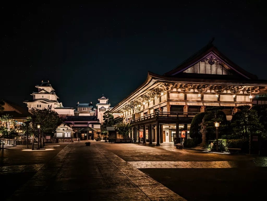 The Japan courtyard in Epcot at night. 