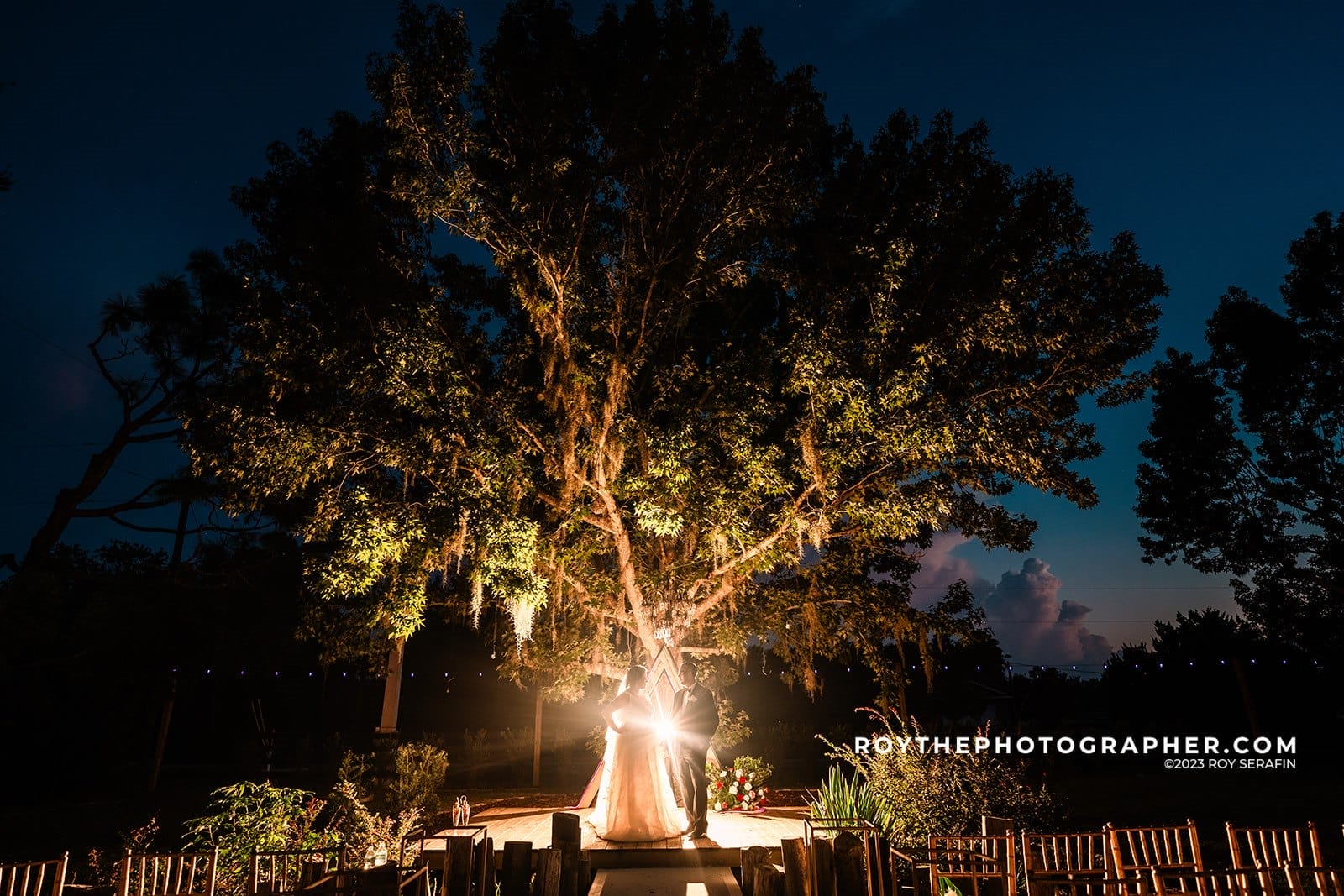 Bride and groom at thier nighttime elopement ceremony