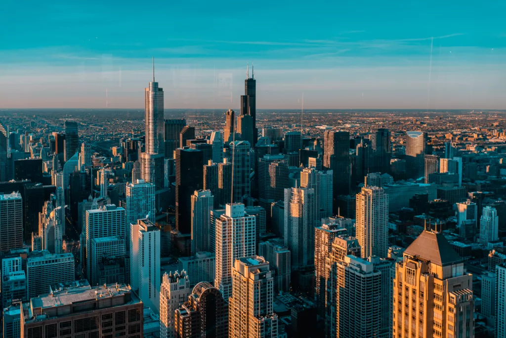 The view of Chicago from the observation deck at 360 CHICAGO.