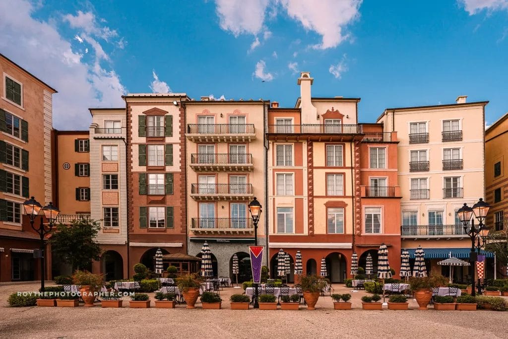 Exterior photo of the Lowes Portofino Bay Hotel, one of many orlando engagement photo locations. 