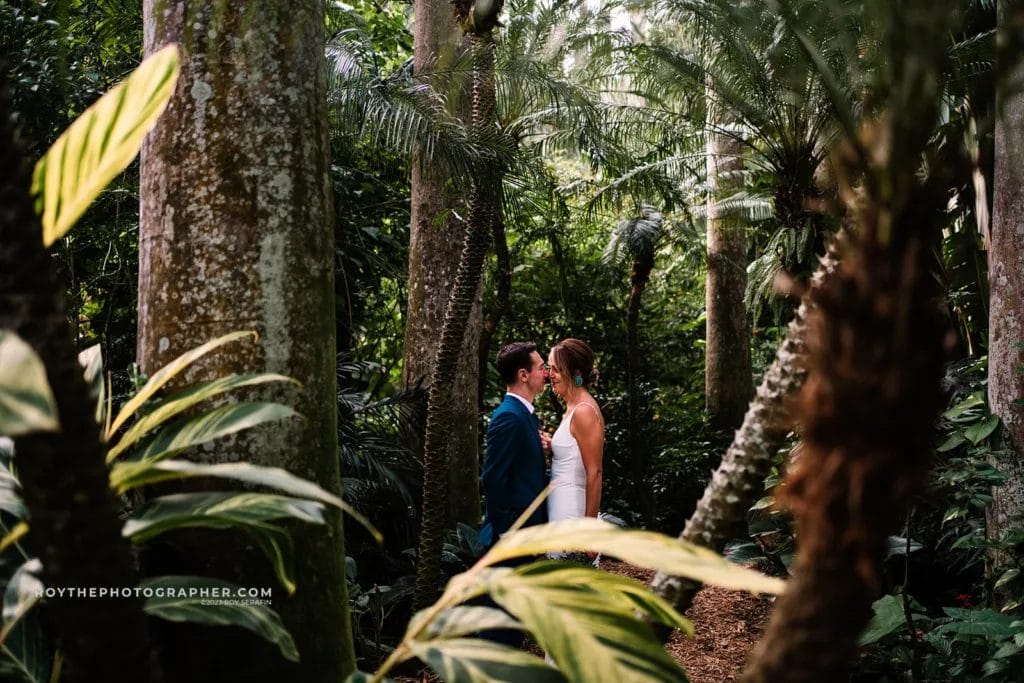 An intimate embrace between the bride and groom at Sunken Gardens, amidst a lush tropical setting, encapsulating the romantic spirit of their wedding day.