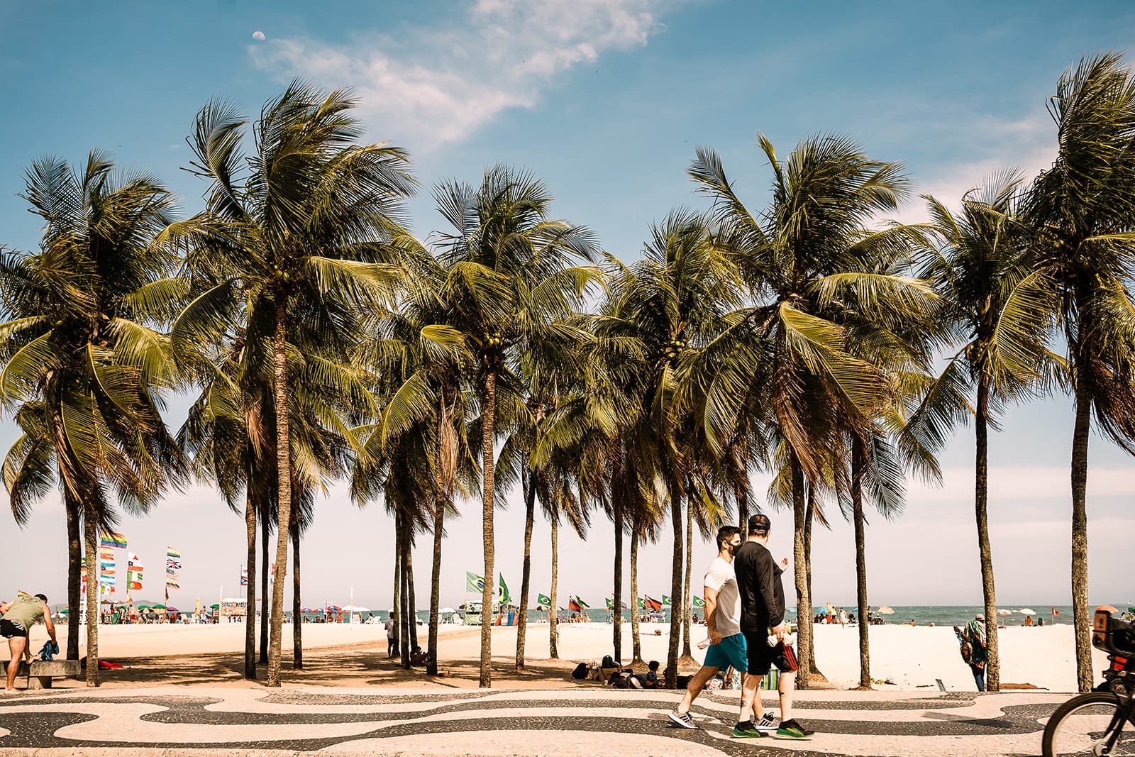 Best Things To Do in Rio de Janeiro for Couples in 2025 5 Palm trees lining a beachside walkway with people strolling, colorful flags in the background, and beach umbrellas near the ocean under a clear sky.