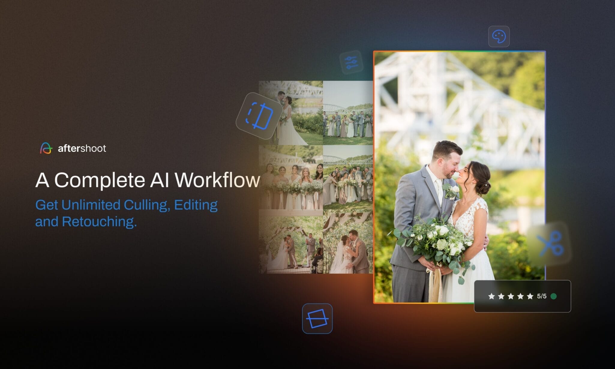 Image promoting Aftershoot's AI workflow, showcasing features for unlimited culling, editing, and retouching for photography, with a sample photo of a couple on their wedding day and a collage of additional images in the background.